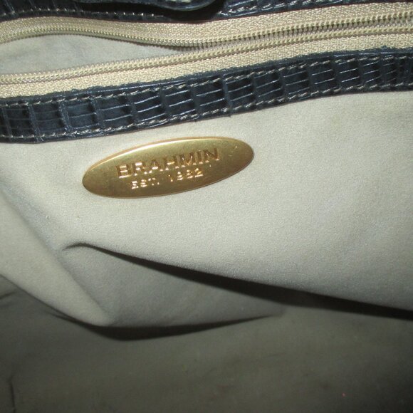 Vintage Brahmin Black Leather Croc Embossed Shoulder Bag Double Handles BLACK - Picture 2 of 4